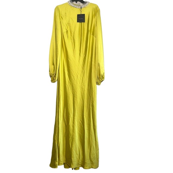 New never used Ieena Mac Duggal Chartreuse Satin Long Blouson Slv Gown s… - Picture 3 of 16